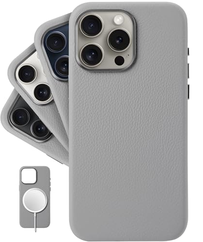 LONLI - iPhone 15 Pro Max Hülle - Luxuriöse echte genarbte Lederhülle mit Aluminium-Kamera-Rahmen [Kompatibel mit Magsafe] - Silbergrau von LONLI