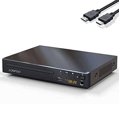 Kompakter DVD-Player für TV - HD DVD CD Player Codefree, mit HDMI (1080p HD Upscaling)/AV/Koaxial Ausgang, USB-Eingang & MIC-Ausgang, (mit HDMI-Kabel 1,5 m) von LONPOO