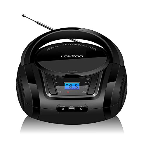 LP-D03 Tragbarer Boombox CD-Player mit Bluetooth - Kinder Stereo-Boombox mit FM Radio | AUX-In | Kopfhöreranschluss | USB-Eingang | Tragbares CD-Radio | Faltbarer Tragegriff von LONPOO
