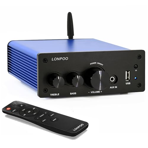 Mini Hifi-Verstärker 200W mit Fernbedienung, Bluetooth,Optischer, koaxialer, AUX-Eingang, 2 Kanal Audio L/R-Ausgang Stereo Sound Ausgang, Treble & Bass Control Knob (AMP-615BLUE) von LONPOO