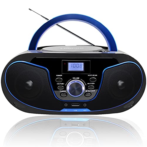 Tragbar CD Player Boombox Bluetooth - mit UKW Radio, USB Eingang & AUX & Kopfhörern Ports, 2 x 2 Watt RMS Stereoanlage (LP-D02B) von LONPOO