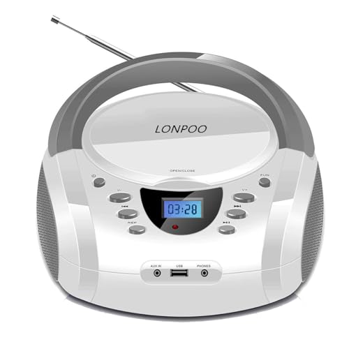 Tragbarer CD-Player (Weiß), LP-D01 Boombox mit Bluetooth | FM Radio | AUX-IN | Kopfhöreranschluss | USB-Eingang | CD-Radio| Faltbarer Tragegriff von LONPOO
