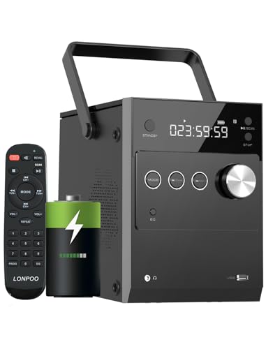 Boombox CD Player Tragbarer | 20W Stereo CD-Player mit FM Radio/Bluetooth5.3/USB/AUX-Eingang | 3,5 mm MIC & Kopfhöreranschluss | Eingebaute wiederaufladbare Batterie| Fernbedienung von LONPOO