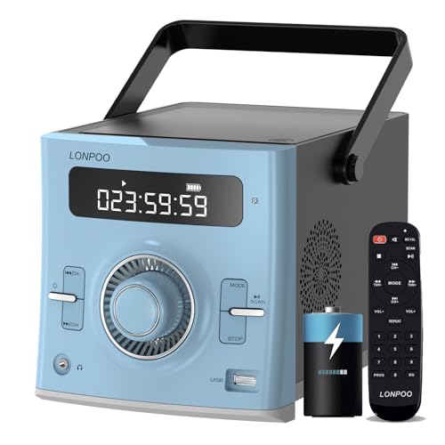 Tragbarer CD-Player Boombox 20W für Draußen, Eingebaute wiederaufladbare Batterie FM-Radio/Bluetooth/USB/AUX-Eingang | 3,5 mm MIC & Kopfhöreranschluss | Klarer Stereoklang (LP-118 Blue) von LONPOO