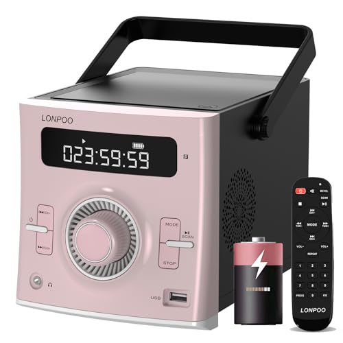 CD-Player Tragbarer Boombox 20W für Draußen | Eingebaute wiederaufladbare Batterie | UKW Radio/Bluetooth/USB/AUX-Eingang | 3,5 mm MIC & Kopfhöreranschluss | Klarer Stereoklang (118PINK) von LONPOO