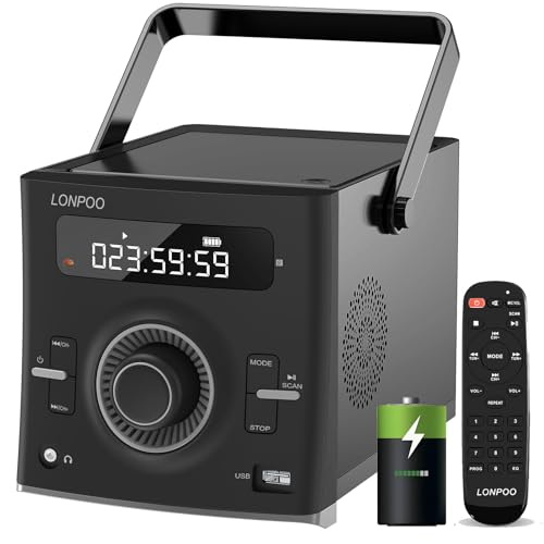 Tragbarer CD-Player Boombox 20W für Draußen | Eingebaute wiederaufladbare Batterie | UKW-Radio/Bluetooth/USB/AUX-Eingang | 3,5 mm MIC & Kopfhöreranschluss | Stereo CD-Player (118BLACK) von LONPOO