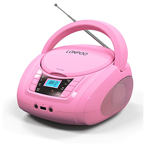 Tragbarer CD-Player Boombox mit FM-Radio/Bluetooth/USB/AUX-Eingang | 3,5 mm MIC & Kopfhöreranschluss | 2x2w Klarer Stereoklang (LP-D03 Pink) von LONPOO