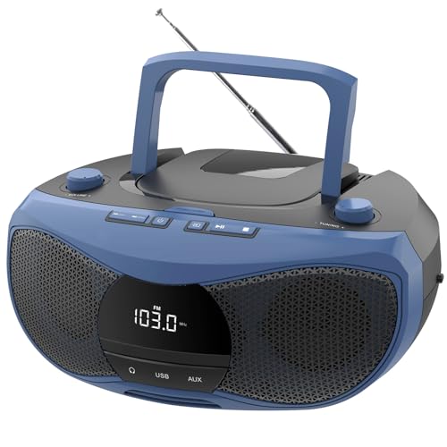 LONPOO Tragbarer CD-Player | Stereo Bluetooth Boombox | FM Radio-Drehknopf | Auto-Deckel-Öffnen-Knopf | Großes LCD-Display | Verdeckte USB-/AUX-/Hörer-Anschlüsse | Hintere Stromschutztaste von LONPOO