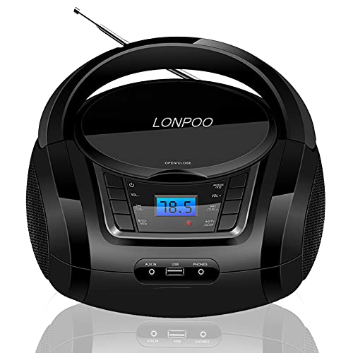 Tragbarer CD-Player für Kinder mit Bluetooth, UKW-Radio, USB Eingang & AUX & Kopfhöreranschluss, 2x2Watt RMS Stereo Boombox (LP-D03B) von LONPOO