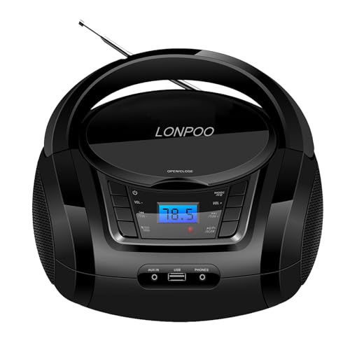 Tragbarer CD-Player für Kinder mit Bluetooth, UKW-Radio, USB Eingang & AUX & Kopfhöreranschluss, 2x2Watt RMS Stereo Boombox (LP-D03B) von LONPOO