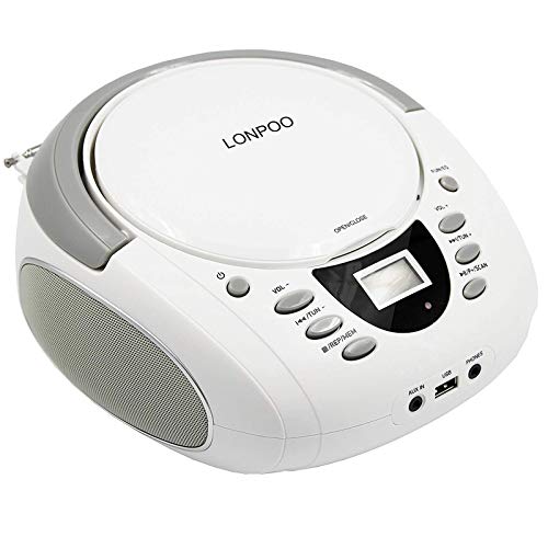 Tragbarer CD-Player für Kinder mit Bluetooth, UKW-Radio, USB Eingang & AUX & Kopfhöreranschluss, 2x2Watt RMS Stereo Boombox von LONPOO