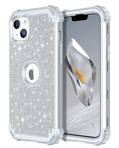 LONTECT Schutzhülle für iPhone 14 Plus, Glitzer, glitzernd, stoßfest, strapazierfähig, Hybrid-Schutzhülle für Apple iPhone 14 Plus, glänzendes Silber von LONTECT