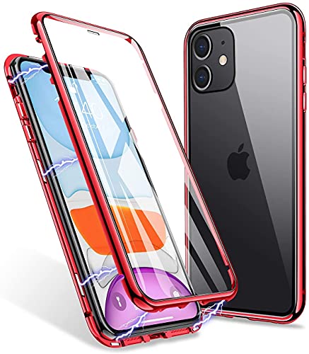 LONYAN kompatibel mit iPhone 11 Hülle, Magnetisch Adsorption Handyhülle Vorder-und Rückseite aus gehärtetem Glas Vollbild-Abdeckung Einteiliges Design (Rot) von LONYAN
