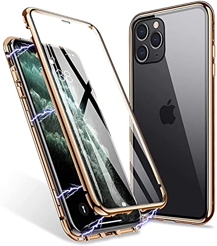 LONYAN kompatibel mit iPhone 11 Pro Hülle, Magnetisch Adsorption Handyhülle Vorder-und Rückseite aus gehärtetem Glas Vollbild-Abdeckung Einteiliges Design (Gold) von LONYAN
