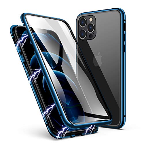 LONYAN kompatibel mit iPhone 12 Pro Max Hülle, Magnetisch Adsorption Handyhülle Vorder-und Rückseite aus gehärtetem Glas Vollbild-Abdeckung Einteiliges Design (Marineblau) von LONYAN