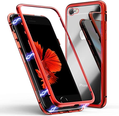 LONYAN kompatibel mit iPhone 6 Hülle/iPhone 6s Hülle, Magnetische Adsorption Handyhülle Ultra Dünn Metallrahmen Hartglas mit eingebautem Magnetklappdeckel Transparentes Rot von LONYAN