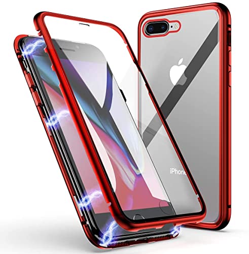 LONYAN kompatibel mit iPhone 8 Plus Hülle/iPhone 7 Plus Hülle, Magnetisch Adsorption Handyhülle Vorder-und Rückseite aus gehärtetem Glas Vollbild-Abdeckung Einteiliges Design (Rot) von LONYAN