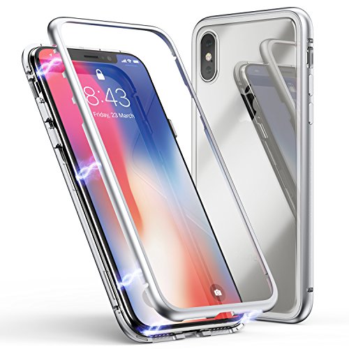 LONYAN kompatibel mit iPhone X Hülle/iPhone XS Hülle/iPhone 10 Hülle, Magnetische Adsorption Handyhülle Ultra Dünn Metallrahmen Hartglas mit eingebautem Magnetklappdeckel Transparent Weiß von LONYAN