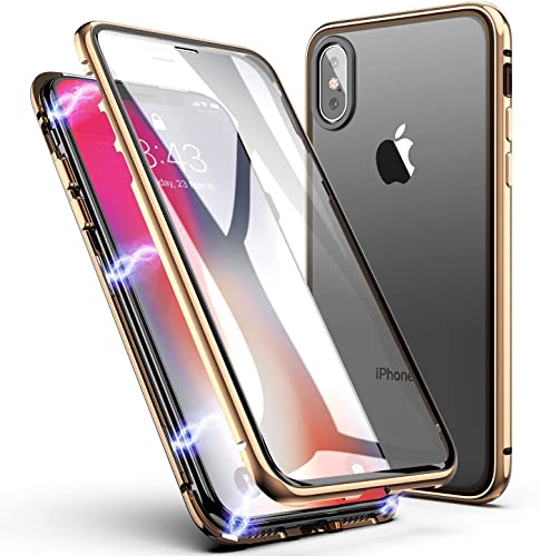 LONYAN kompatibel mit iPhone XS Max Hülle, Magnetisch Adsorption Handyhülle Vorder-und Rückseite aus gehärtetem Glas Vollbild-Abdeckung Einteiliges Design (Gold) von LONYAN