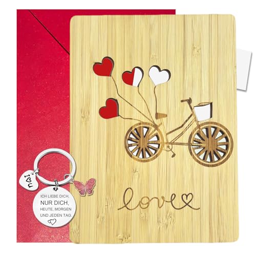LOOBEAR Muttertag Karte aus Holz, Geldumschlag zum Muttertag, Geldgeschenk Karten Set mit Umschlag und Herz-Schlüsselanhänger Kreative GrußKarte, Geburtstagskarte für Mama (Fahrrad) von LOOBEAR
