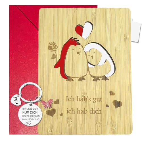 LOOBEAR Muttertag Karte aus Holz, Geldumschlag zum Muttertag, Geldgeschenk Karten Set mit Umschlag und Herz-Schlüsselanhänger Kreative GrußKarte, Geburtstagskarte für Mama (Pinguin) von LOOBEAR