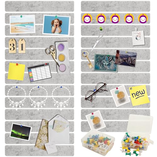 LOPYXBR 24 Stück Pinnwand Filz 33x5x0.9 cm Kleine Filz Pinnwand Selbstklebend mit 100 Stück Pushpins Grau Pin Board Filz für Foto Hängen, Zeitpläne,Bulletin Tafeln, Einfügen von Notizen von LOPYXBR