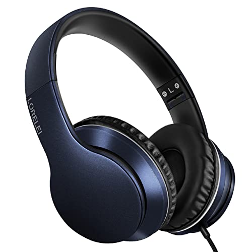LORELEI X6 Over-Ear-Kopfhörer mit Mikrofon, leicht, faltbar, tragbar, Stereo-Bass-Kopfhörer mit 1,45 m, kein Verheddern, kabelgebundene Kopfhörer für Smartphone, Tablet, MP3/4 (Dunkelblau) von LORELEI