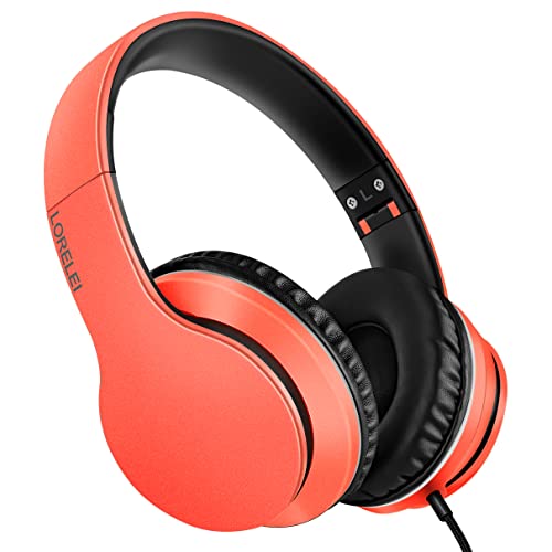 LORELEI X6 Over-Ear-Kopfhörer mit Mikrofon, leicht, faltbar und tragbar, Stereo-Bass-Kopfhörer mit 1,45 m langem Verheddern, kabelgebundene Kopfhörer für Smartphone, Tablet, MP3/4, Orange von LORELEI