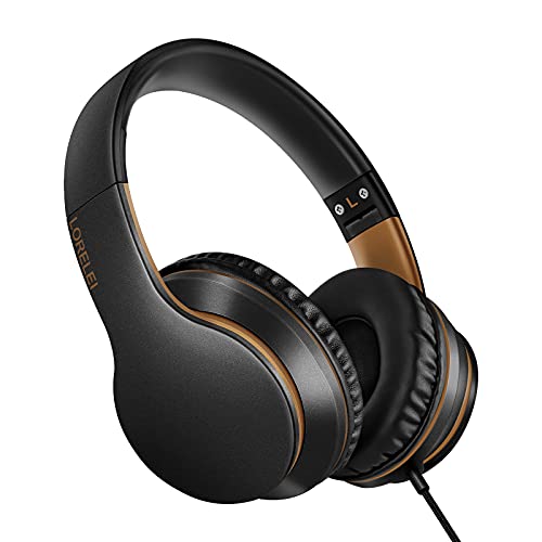 LORELEI X6 Over-Ear-Kopfhörer mit Mikrofon, leicht, faltbar, tragbar, Stereo-Bass-Kopfhörer mit 1,45 m No-Tangle, kabelgebundene Kopfhörer für Smartphone, Tablet, MP3/4 (Schwarz-Gold) von LORELEI