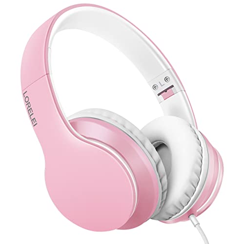 LORELEI X6 Over-Ear-Kopfhörer mit Mikrofon, leicht, faltbar, tragbar, Stereo-Bass-Kopfhörer mit 1,45 m ohne Verheddern, kabelgebundene Kopfhörer für Smartphone, Tablet, MP3/4 (Pearl Pink) von LORELEI