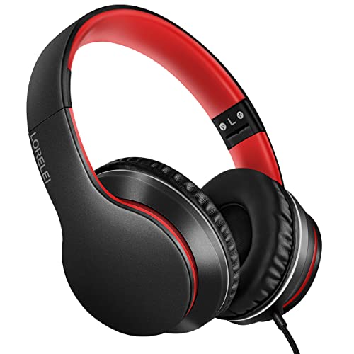 LORELEI X6 Over-Ear-Kopfhörer mit Mikrofon, leicht, faltbar und tragbar, Stereo-Bass-Kopfhörer mit 1,45 m, kein Verheddern, kabelgebundene Kopfhörer für Smartphone, Tablet, MP3/4 (Schwarz-Rot) von LORELEI