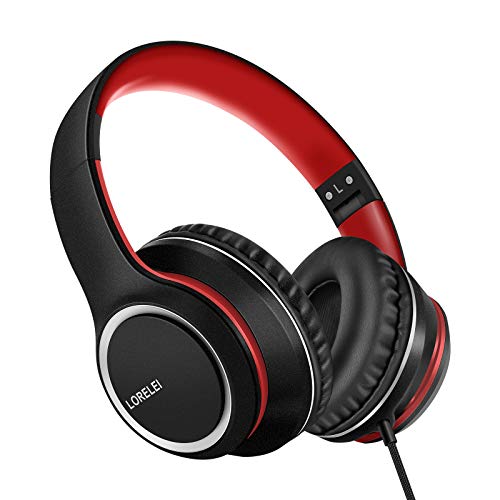 LORELEI X8 Over-Ear-Kopfhörer mit Mikrofon mit 1,45 m verwicklungsfreier Nylonschnur und 3,5-mm-Stecker, leicht, faltbar und tragbar, für Smartphone, Tablet, Computer, MP3/4, Schwarz/Rot von LORELEI