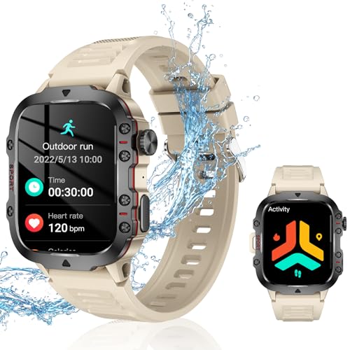 LOREVIYA Laufuhren für Herren, Smartwatch, IP68 Wasserdicht Schrittzähler mit Calroie/Herzfrequenz/Blutdruck/Stress-Tracker(Anruf tätigen/annehmen) Geeignet für Klettern/Yoga/Schwimmen, Beige von LOREVIYA