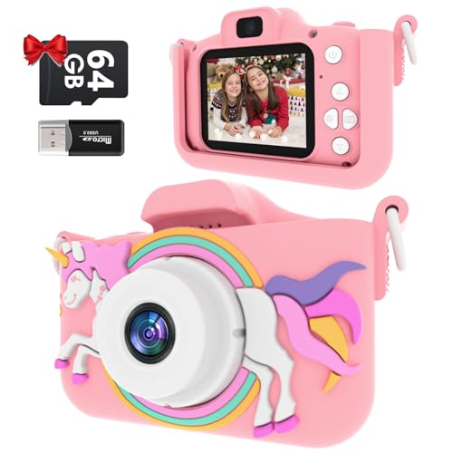 Kinderkamera, Kinder Digitalkamera 1080P, Kinderfotoapparat mit 64GB TF-Karte/Einhorn Kamera Abdeckung/5 Lernspiele/8 Digitalzoom/46 Bilderrahmen und Filter Weihnachten Geschenk für 3-12 Jahren (Pink) von LOUIKAY