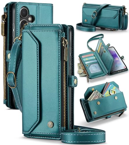 CaseMe Lederhülle für Samsung Galaxy A55 5G, RFID-blockierend, multifunktional, Reißverschluss, Geldbörse, Handtasche, Ledertasche mit Kartenfächern, Ständer, Schultergurt, Umhängeband für Mädchen, von LOVE MEI