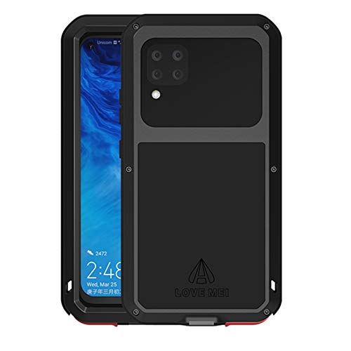 Huawei P40 Lite Metall hülle, Powerful Hybrid Schutz stoßfest wasserdicht staubdicht Metal Case Cover Fall Schutzhülle,mit Eingebautem Gehärtetem Glas Displayschutzfolie (P40 Lite, Schwarz) von LOVE MEI