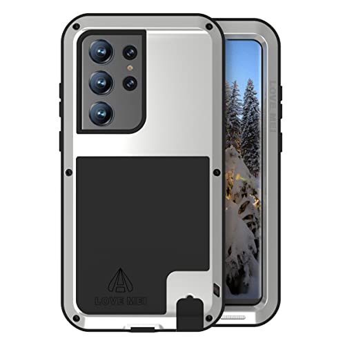 LOVE MEI Galaxy S23 Ultra Hülle, 【Ohne gehärtetes Glas】 Outdoor-Sport, Militär, strapazierfähig, stoßfest, Hybrid-Aluminium, Metall + Silikonhülle, Hartschale für Samsung Galaxy S23 Ultra (Silber) von LOVE MEI