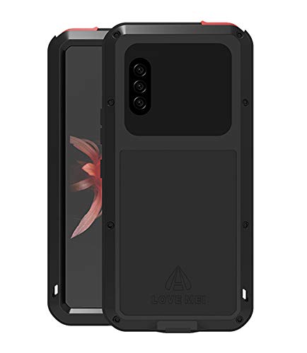 LOVE MEI Handyhülle für Sony Xperia 10 II, Heavy Duty Outdoor Stoßfest Staubdicht Kratzfeste Hybrid Tough Armor Aluminium Metall Militär Bumper mit Hartglas Ganzkörper Schutzhülle Hülle (Schwarz) von LOVE MEI