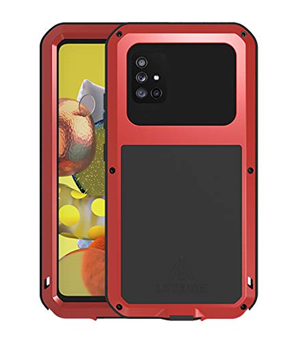 LOVE MEI Hülle für Samsung Galaxy A51 5G, Heavy Duty Stoßfest Staubdicht Kratzfeste Hybrid Tough Armor Aluminium Metall Militär Bumper Ganzkörper Schutzhülle Hülle mit gehärtetem Glas (Rot) von LOVE MEI