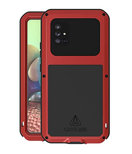 LOVE MEI Hülle für Samsung Galaxy A71 5G, Heavy Duty Outdoor Stoßfest Staubdicht kratzfeste Hybrid Tough Armor Aluminium Metall Militär Bumper Ganzkörper Schutzhülle Hülle mit gehärtetem Glas (Rot) von LOVE MEI