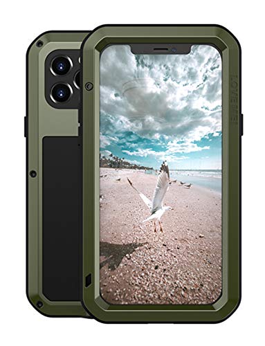 LOVE MEI Hülle für iPhone 12 Pro, Heavy Duty Stoßfest Staubdicht Hybrid Tough Armor Aluminium Metall Militär Bumper Ganzkörper Schutzhülle Hülle mit gehärtetem Glas für iPhone 12 Pro (Grün) von LOVE MEI