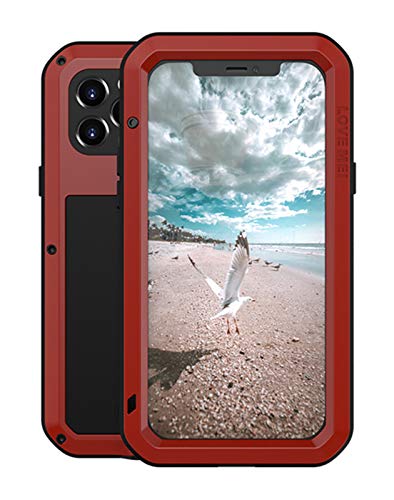 LOVE MEI Hülle für iPhone 12 Pro, Heavy Duty Stoßfest Staubdicht Hybrid Tough Armor Aluminium Metall Militär Bumper Ganzkörper Schutzhülle Hülle mit gehärtetem Glas für iPhone 12 Pro (Rot) von LOVE MEI