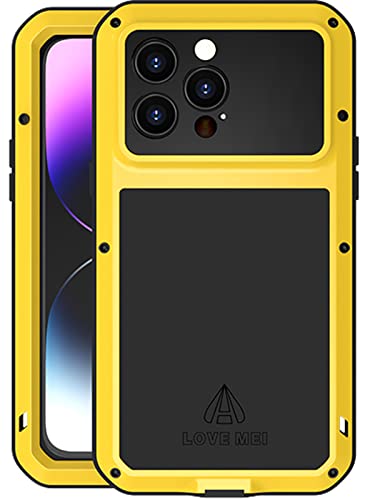 LOVE MEI Kompatibel mit iPhone 14 Pro Max 5G Metall hülle, Powerful Hybrid Schutz stoßfest wasserdicht Fall Schutzhülle,mit Eingebautem Gehärtetem Glas Displayschutzfolie (Gelb) von LOVE MEI