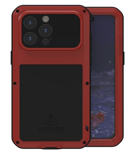 LOVE MEI Kompatibel mit iPhone 15 Pro Max 5G Metall hülle, Powerful Hybrid Schutz stoßfest wasserdicht Fall Schutzhülle,mit Eingebautem Gehärtetem Glas Displayschutzfolie (Rot) von LOVE MEI
