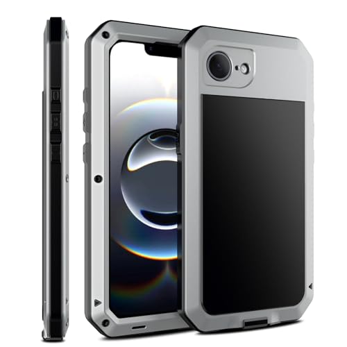 LOVE MEI Kompatibel mit iPhone 16e Metallhülle, Outdoor-Sport, Militär, strapazierfähig, stoßfest, staubdicht, Hybrid-Aluminium + Silikon + gehärtetes Glas, Hartschale für iPhone 16e (Silber) von LOVE MEI