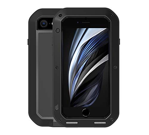 LOVE MEI Metall Hülle für iPhone SE 2020/iPhone 7/iPhone 8,Heavy Duty Rüstung Tank Bumper Robust Aluminium Metall Stoßfest/Staubdicht/Anti-Drop Ganzkörper Schutz Cover mit gehärtetem Glas (Schwarz) von LOVE MEI