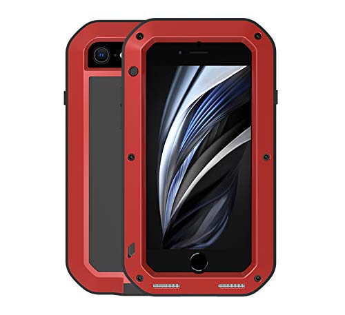 LOVE MEI Metall Hülle für iPhone SE 2020 / iPhone 7 / iPhone 8,Heavy Duty Rüstung Tank Bumper Robust Aluminium Metall Stoßfest/Staubdicht/Anti-Drop Ganzkörper Schutz Cover mit gehärtetem Glas (Rot) von LOVE MEI