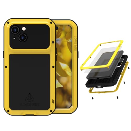 LOVE MEI Metallhülle für iPhone 15 (6.1), Strapazierfähig Militärqualität Stoßfest Staubdicht Ganzkörper-Schutzhülle mit eingebautem Displayschutz aus gehärtetem Glas für iPhone 15 (Gelb) von LOVE MEI