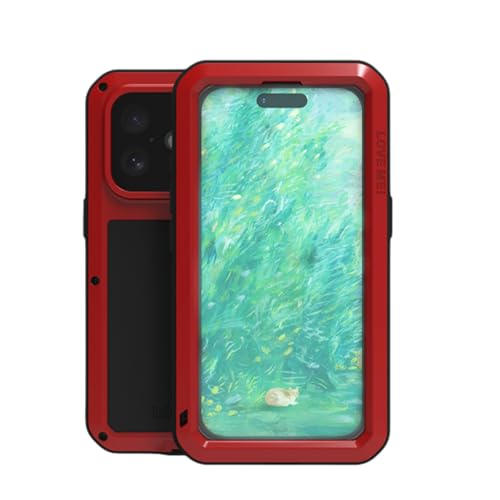 LOVE MEI Metallhülle für iPhone 16 (6.1), strapazierfähig, Militärqualität, stoßfest, staubdicht, Ganzkörper-Schutzhülle mit eingebautem Displayschutz aus gehärtetem Glas, Rot von LOVE MEI