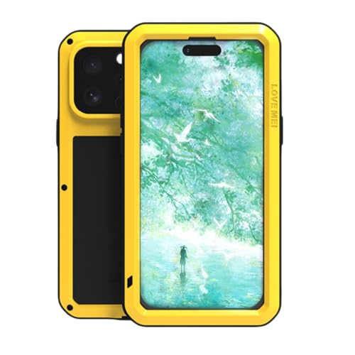 LOVE MEI Metallhülle für iPhone 16 Pro Max (6,9 Zoll), strapazierfähig, Militärqualität, stoßfest, staubdicht, Ganzkörper-Schutzhülle mit eingebautem Displayschutz aus gehärtetem Glas, Gelb von LOVE MEI